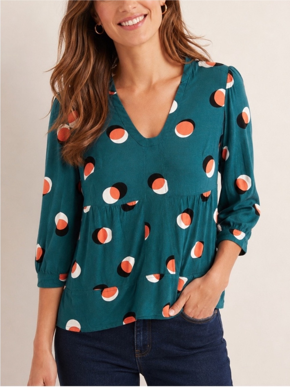 Boden Eclipse Mollie Abstract Polka Dot Forest Green V-Neck Tunic Top - US 10 /